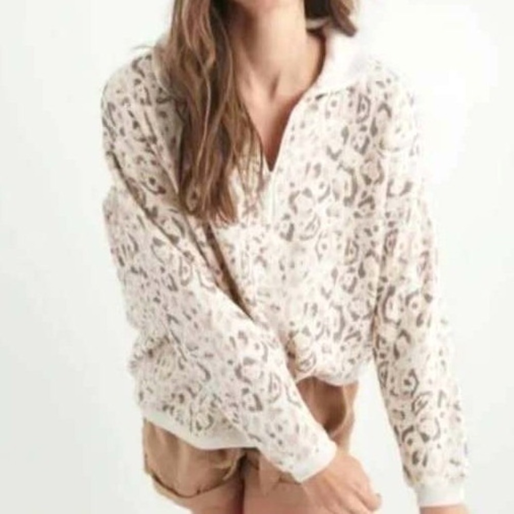 Aerie Tan Leopard Print Good Vibes 1/4 Zip Oversized Sweatshirt Women's Size XS